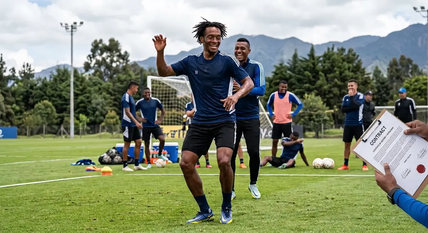 Un futbolista baila en un campo de entrenamiento mientras un compañero lo abraza por detrás y una mano sostiene un contrato en primer plano